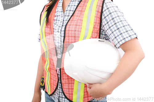 Image of Engineer woman holding an helmet, isolated over white 