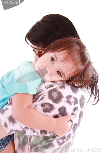 Image of Girl hugging her mom. Isolated on white.