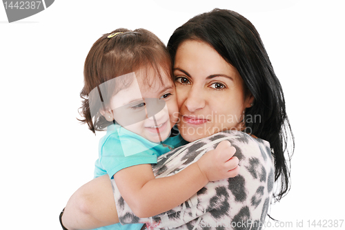 Image of little girl hugging to mother, in her arms 
