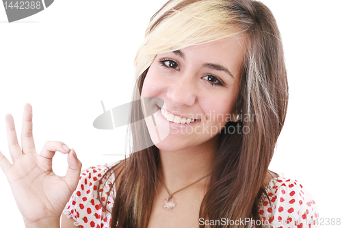 Image of bright picture of lovely teenage girl showing ok sign 