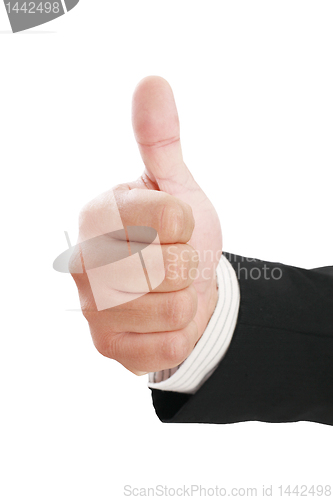 Image of Thumbs up man's hand isolated on white background. Business man