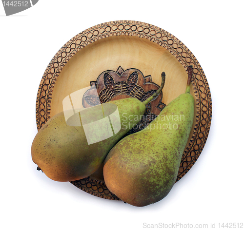 Image of Two Pears on Wooden Plate