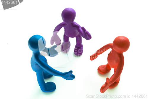 Image of Look on talking plasticine puppets on white background