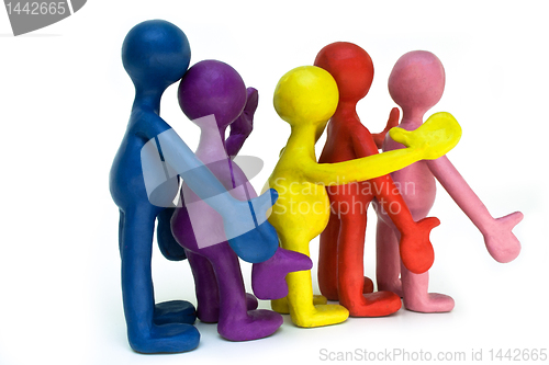 Image of Group of plasticine puppets on white background