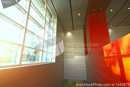 Image of modern building and red metal wall indoor