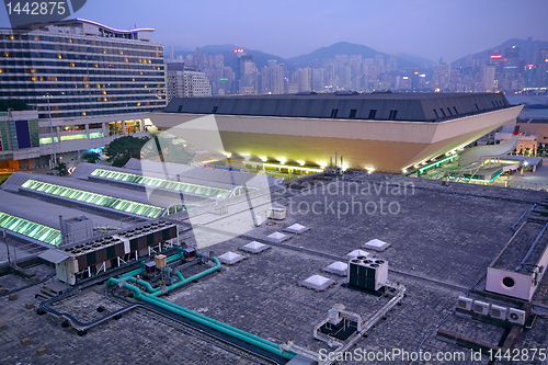 Image of sunset in downtown area, hong kong