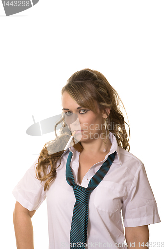 Image of woman as schoolgirl with cigarette