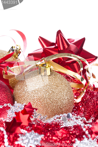 Image of christmas balls with ribbon and tinsel