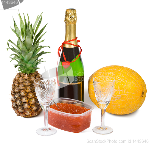 Image of Festive set with champagne and caviar
