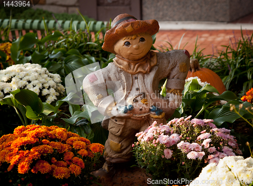 Image of Model farmer in patch of autumn flowers