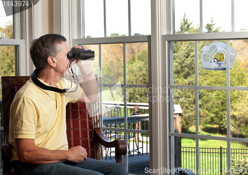 Image of Man watching bird on feeder