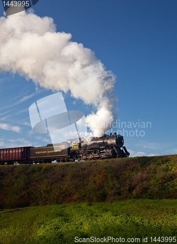 Image of WM Steam train powers along railway