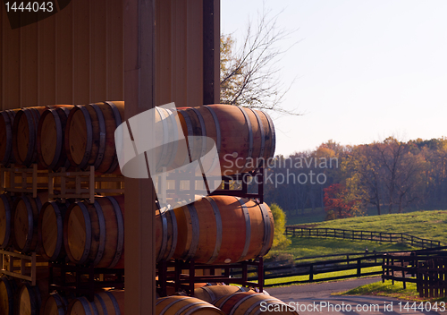 Image of Wine barrels stacked in winery