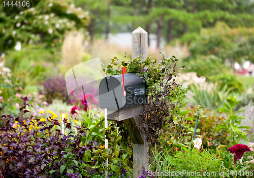 Image of US mailbox with flag raised in flowers