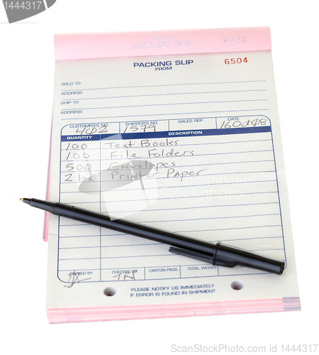 Image of Packing Slip List, Pen, Pad Isolated White Background