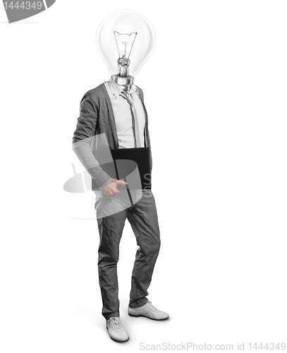 Image of lamp head businessman with laptop