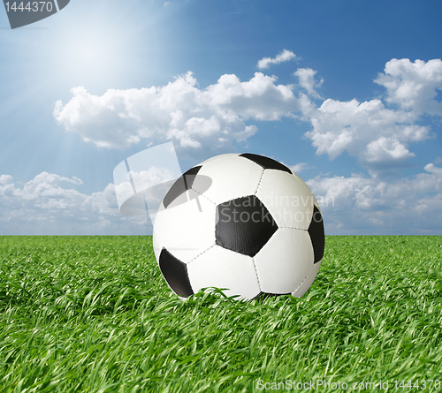 Image of soccer ball in green grass and blue cloudly sky