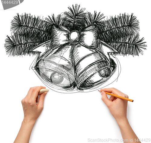 Image of sketch christmas bells with human hands