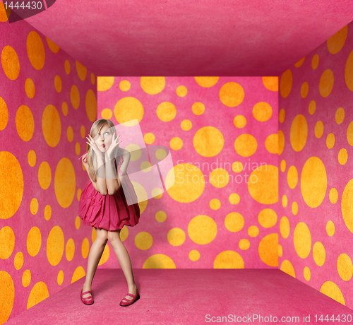 Image of surprised blonde in pink dress in pink room