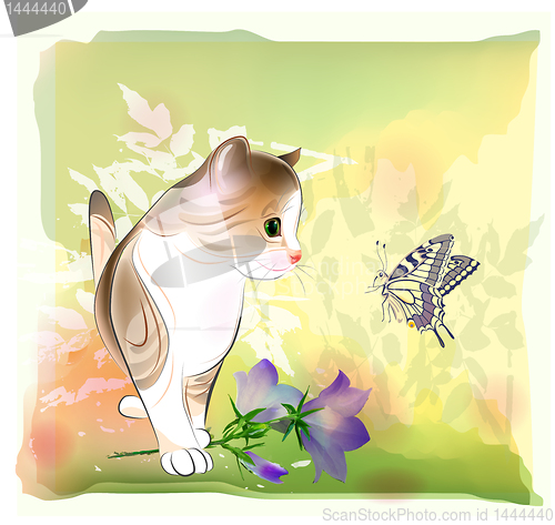 Image of retro birthday greeting  card with little kitten watching at but