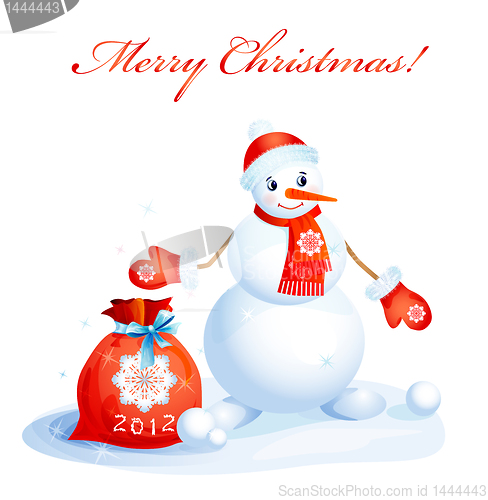 Image of cute  smiling snowman   with red christmas sack 