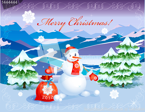 Image of cute  smiling snowman   with red christmas sack 