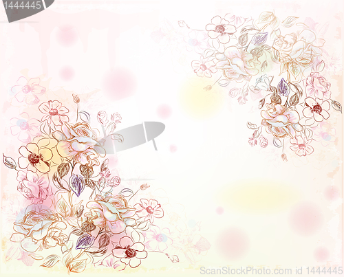 Image of line art roses on the watercolor background