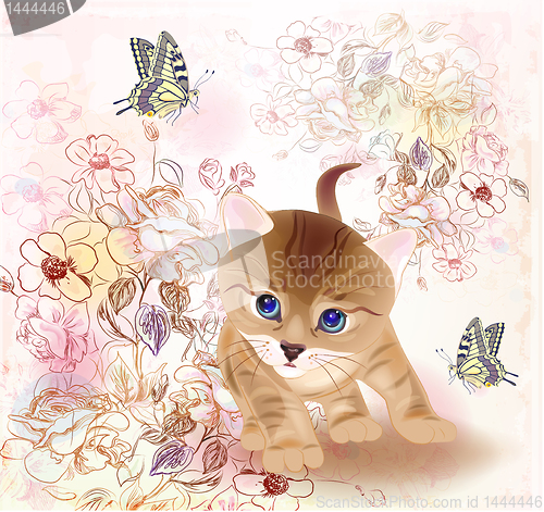 Image of  retro birthday greeting  card with little tabby kitten ,flowers