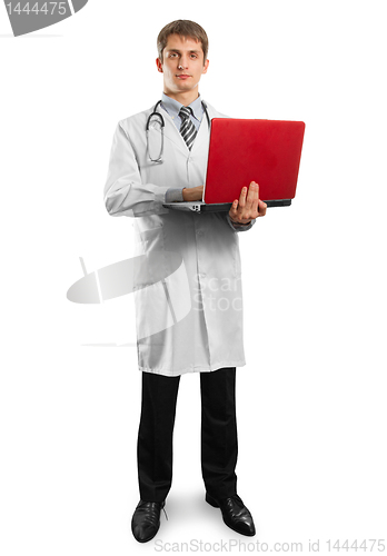 Image of doctor male in suit with laptop in his hands