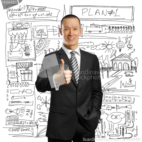 Image of asian businessman in black suit shows well done