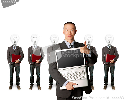 Image of lamp head businesspeople with laptop