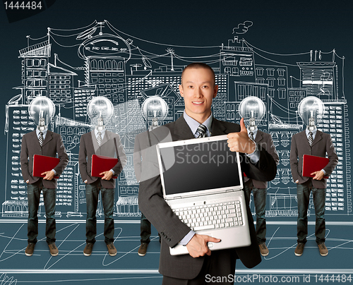 Image of lamp head businesspeople with laptop
