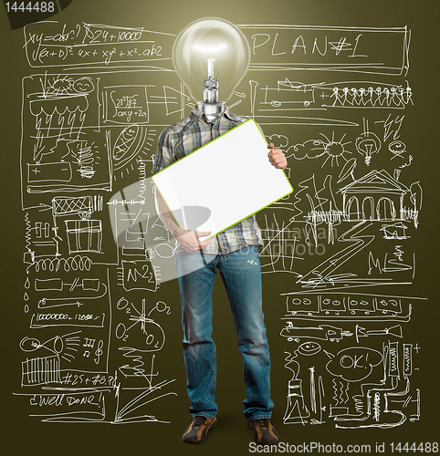Image of lamp head businessman with empty write board
