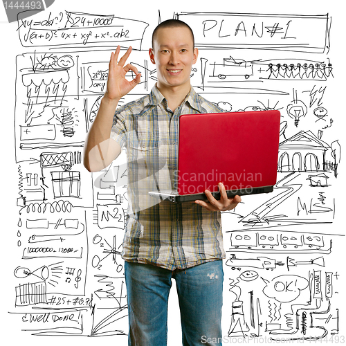 Image of asian male with laptop in his hands shows OK