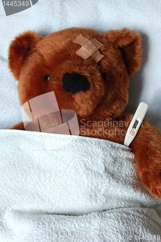 Image of sick teddy with injury in bed