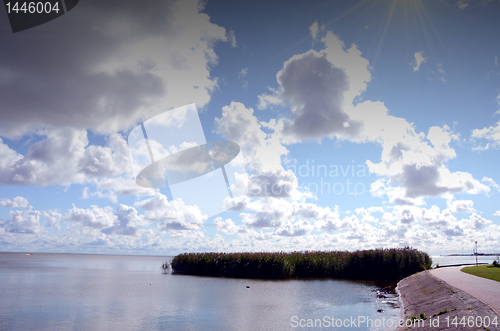 Image of Lake bay fragment near road. Reed and water birds.