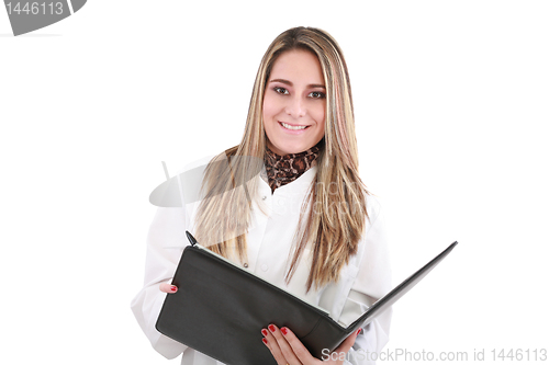 Image of Portrait of a beautiful woman doctor. Isolated over white backgr