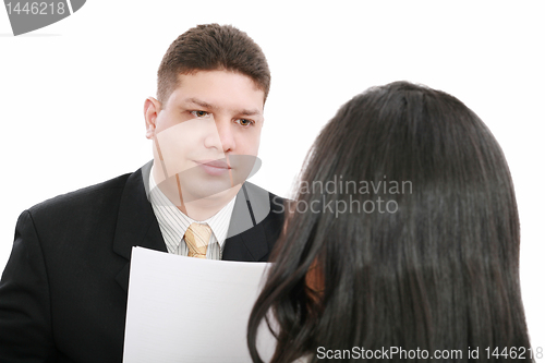Image of Business coaching concept. Young woman being interviewed for a j