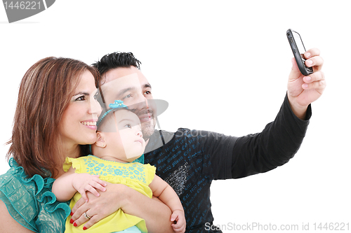 Image of Closeup of happy family smiling over white background taking sel