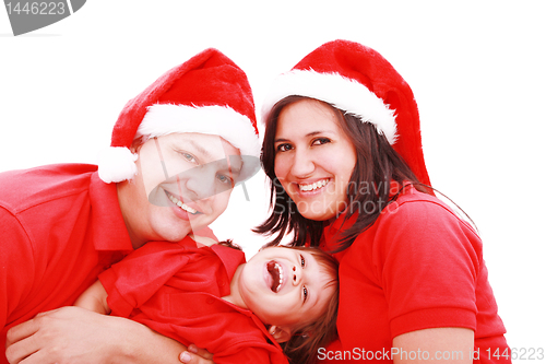 Image of Happiness family in christmas hat isolated on white 