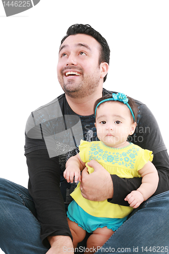 Image of Happy and smiling baby and father. The baby 8 month old. Isolate