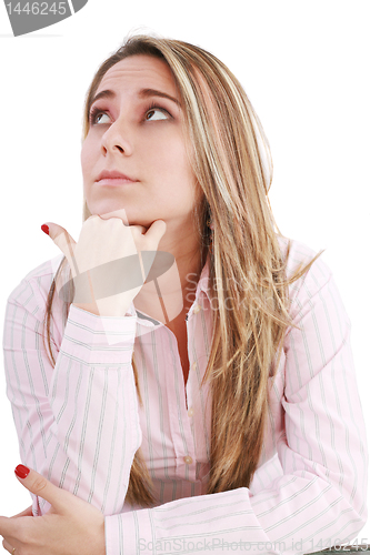 Image of Pensive businesswoman at desk isolated on white background 
