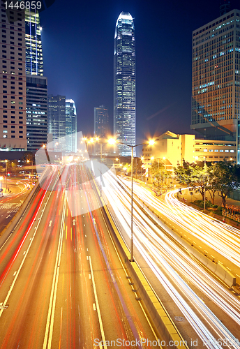 Image of traffic in downtown in hong kong at night