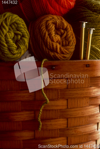 Image of Wool yarn in a basket with knitting needles