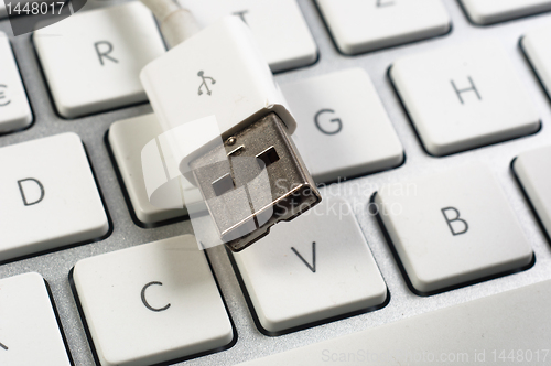 Image of Closeup of a white clean keyboard with USB