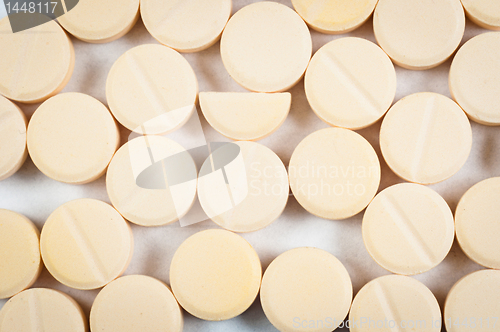 Image of Texture of medical pills on white background