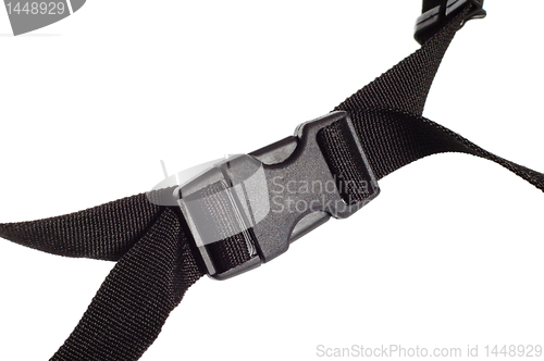 Image of black plastic buckle on strap isolated on white 
