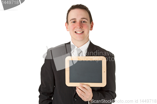 Image of Businessman holding a black board