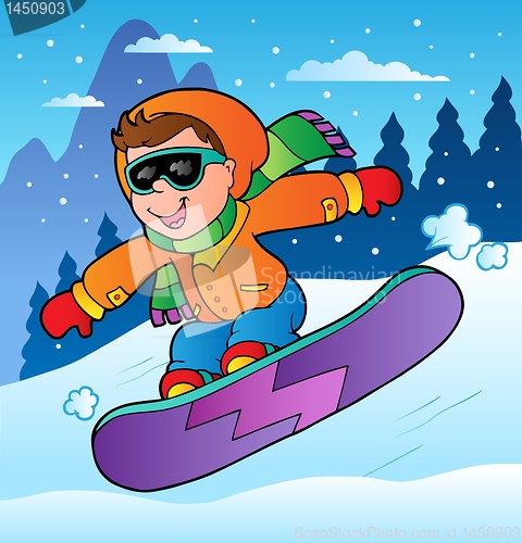 Image of Winter scene with boy on snowboard