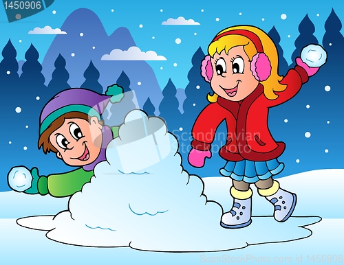 Image of Two kids throwing snow balls